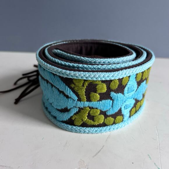 Tory Burch woven belt all over embroidery fringe tie boho hippie vintage 70s